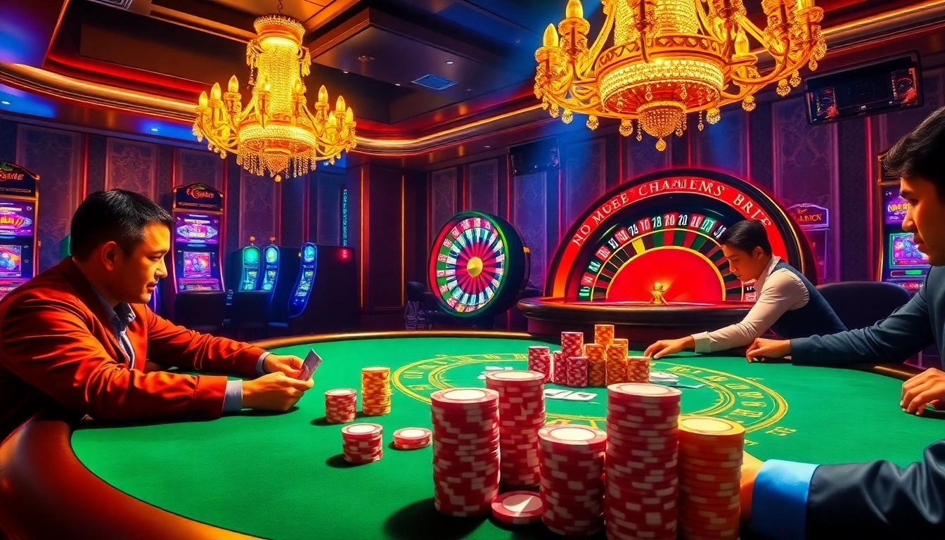 Exciting high-stakes poker action with players focused at the lc88 casino table, vibrant chips, and roulette wheel in view.