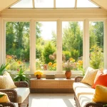 Bright sunroom with large glass panels and cozy seating, surrounded by vibrant gardens.