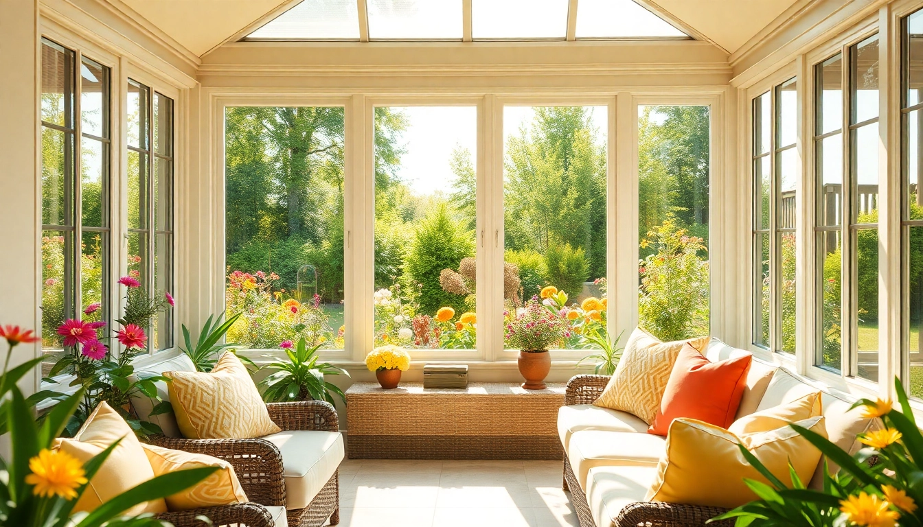 Bright sunroom with large glass panels and cozy seating, surrounded by vibrant gardens.
