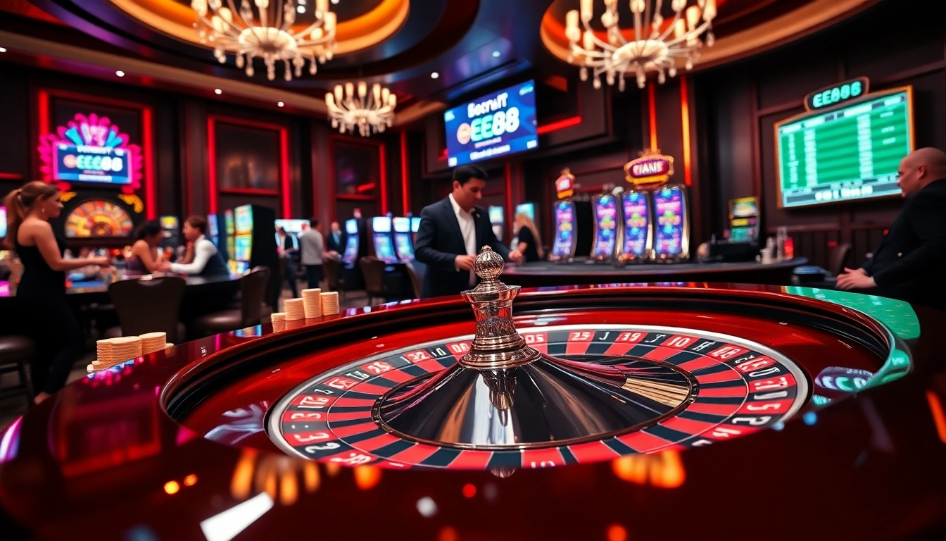 EE88 thrilling casino scene with roulette, chips, and a vibrant atmosphere