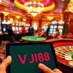 VJ88 tablet display showcasing online gambling strategies with casino action in the background.