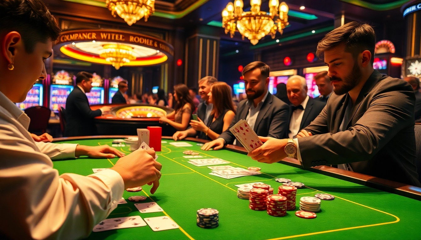 Engaging gamblers at an ABC8-themed casino table with dynamic poker gameplay.