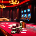 A thrilling casino table scene highlighting online gambling at https://dabet.homes with vibrant chips and cards.