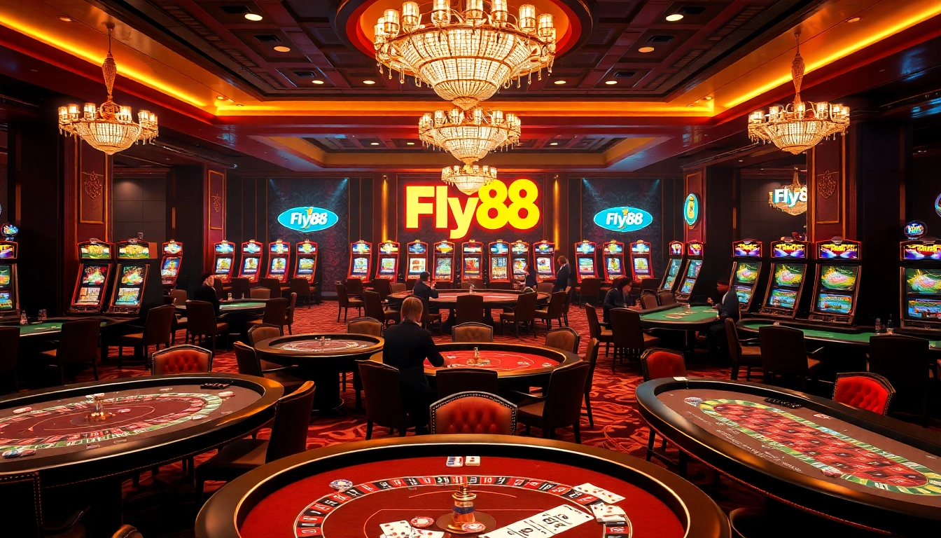 Fly88 casino excitement with vibrant gaming tables and dazzling slot machines.