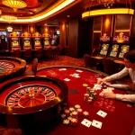 Players enjoying exciting games at EM777 casino, with vibrant slots and roulette.