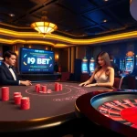I9BET players strategy at a vibrant poker table with colorful chips and a roulette wheel.