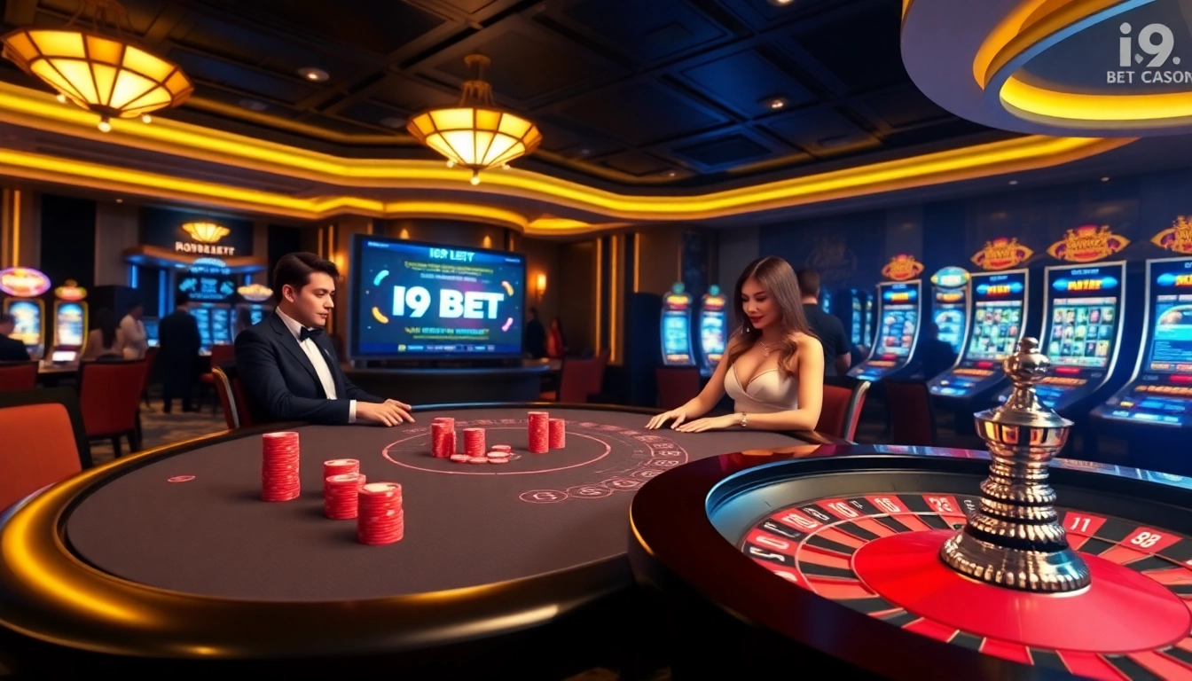 I9BET players strategy at a vibrant poker table with colorful chips and a roulette wheel.