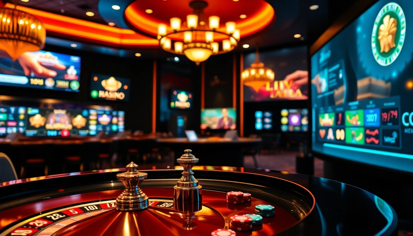 Nhat VIP platform features vibrant casino tables with roulette wheels and poker chips in an exciting online gambling scene.
