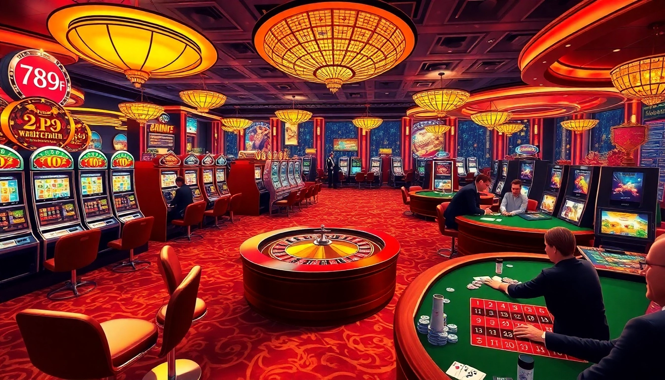Exciting casino scene showcasing vibrant slots and roulette, highlighting 789F gaming experience.