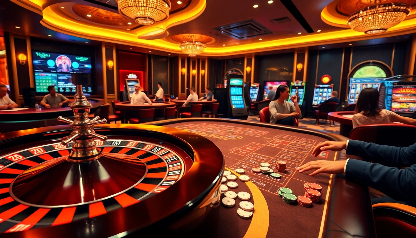 A vibrant online casino scene showcasing players at the roulette table and engaging in various games at https://69vn.br.com/.