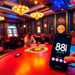 Engaging players at a poker table with the 88i nhà cái mobile app visible, showcasing luxury and excitement.