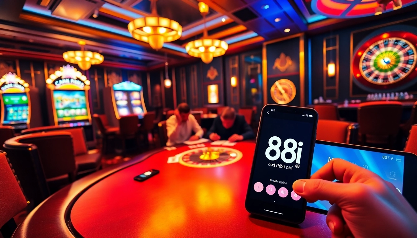 Engaging players at a poker table with the 88i nhà cái mobile app visible, showcasing luxury and excitement.