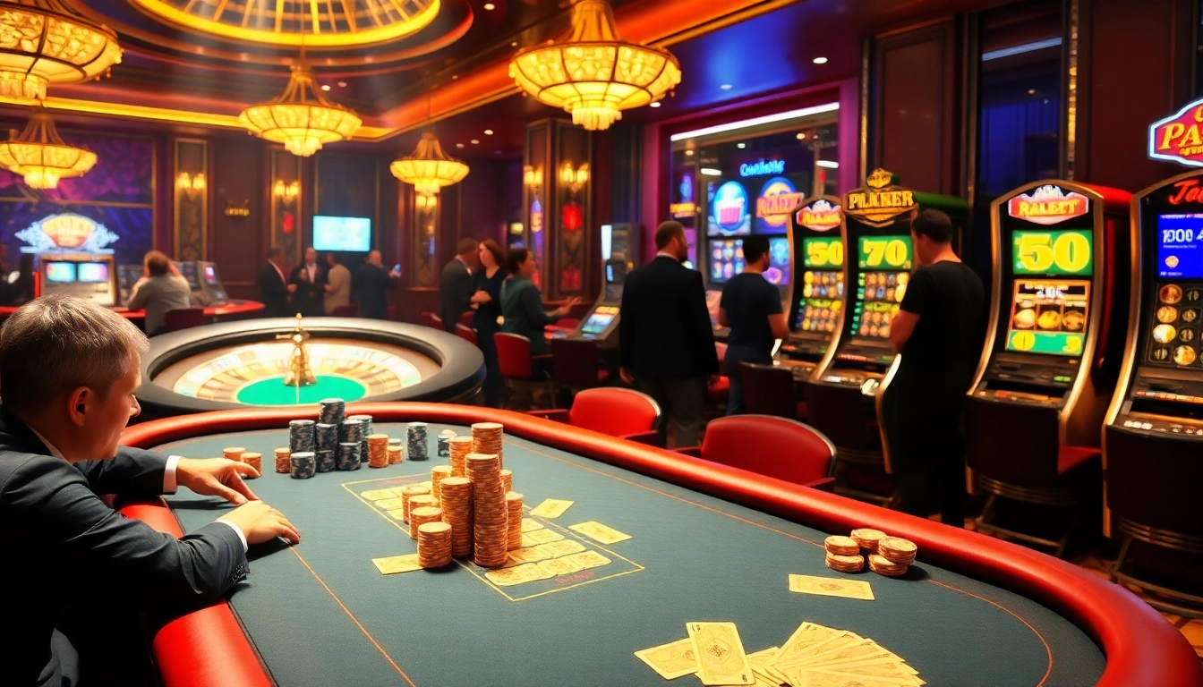 Engaging scene from https://mb66-th.com/ showcasing a luxurious casino with poker, roulette, and slot machines.