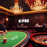 KP88 casino scene featuring a luxurious blackjack table, poker chips, and a roulette wheel.