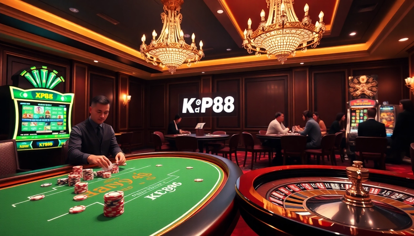 KP88 casino scene featuring a luxurious blackjack table, poker chips, and a roulette wheel.