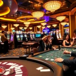 Vibrant casino gaming scene with poker tables and slot machines at https://b52club.menu/, showcasing excitement.