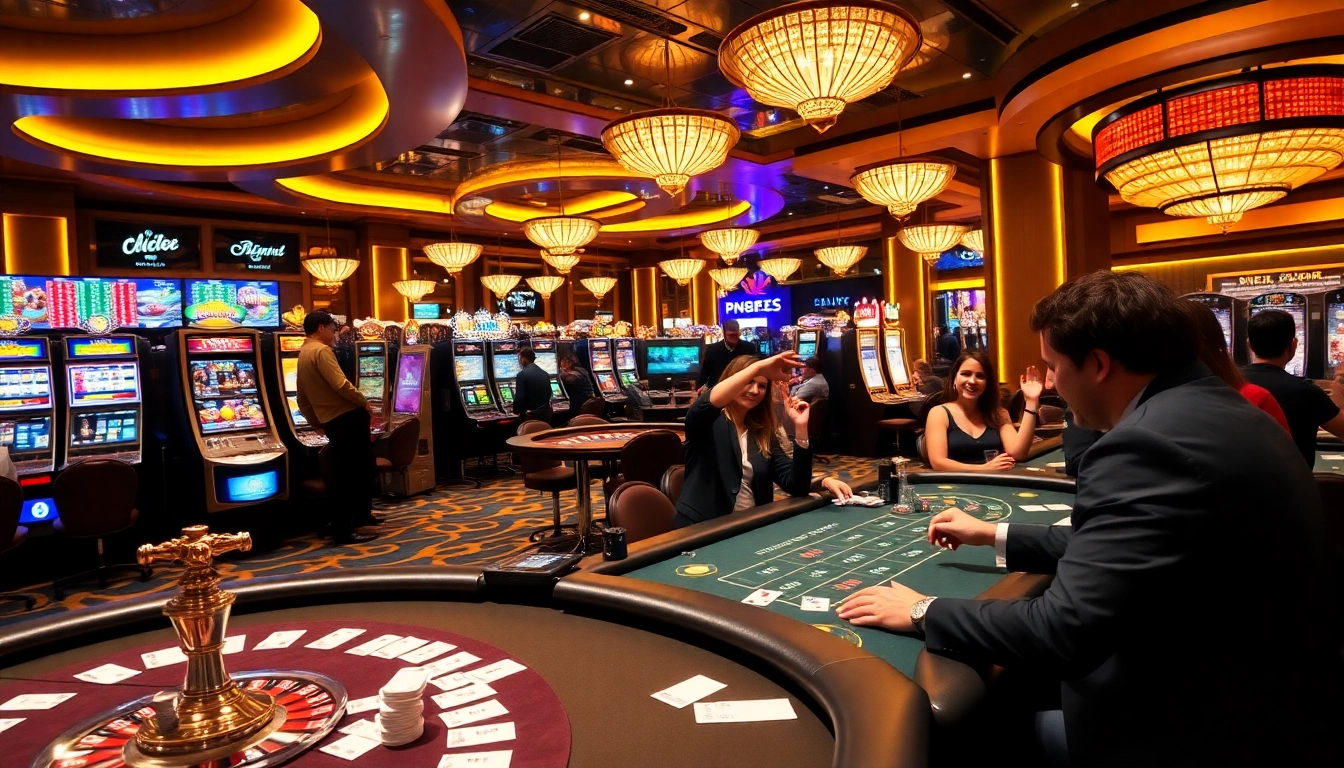 Vibrant casino gaming scene with poker tables and slot machines at https://b52club.menu/, showcasing excitement.