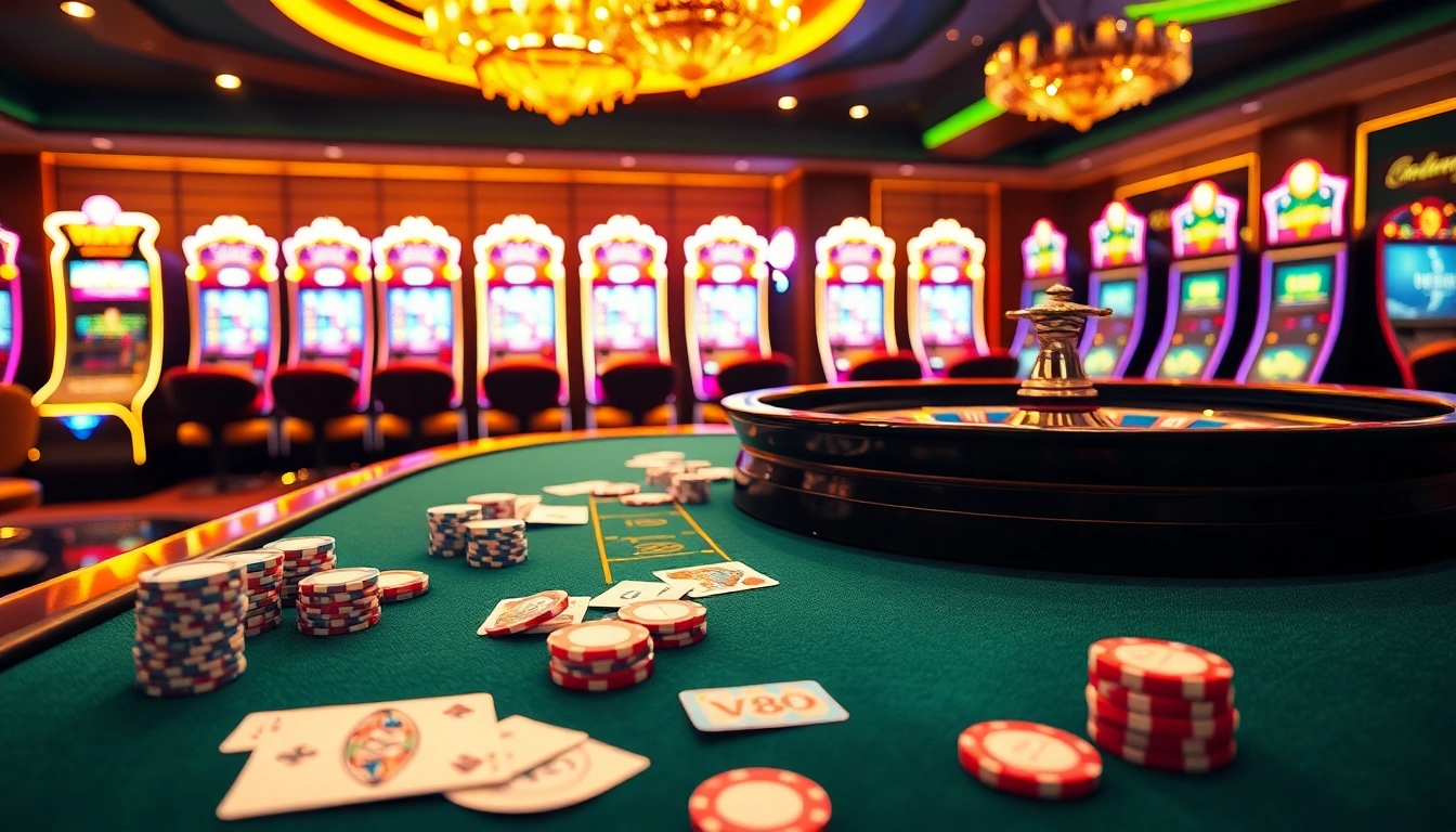 Experience the thrill of VJ88 at a luxurious casino table with vibrant poker chips and cards.