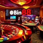 Experience the thrilling ambience of Bin88 with vibrant casino tables, engaging players, and shining slot machines.