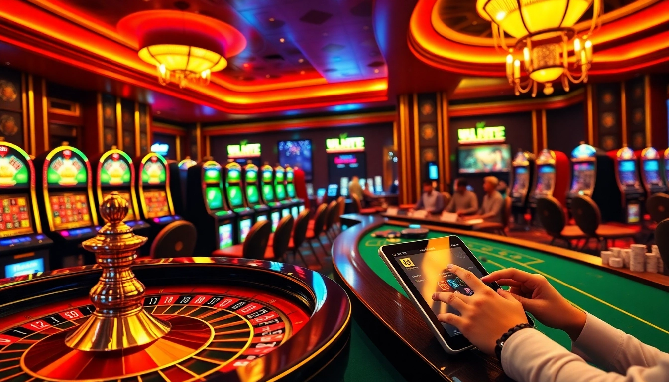 UU88 online casino scene with luxurious roulette wheel, poker table, and vibrant slot machines.