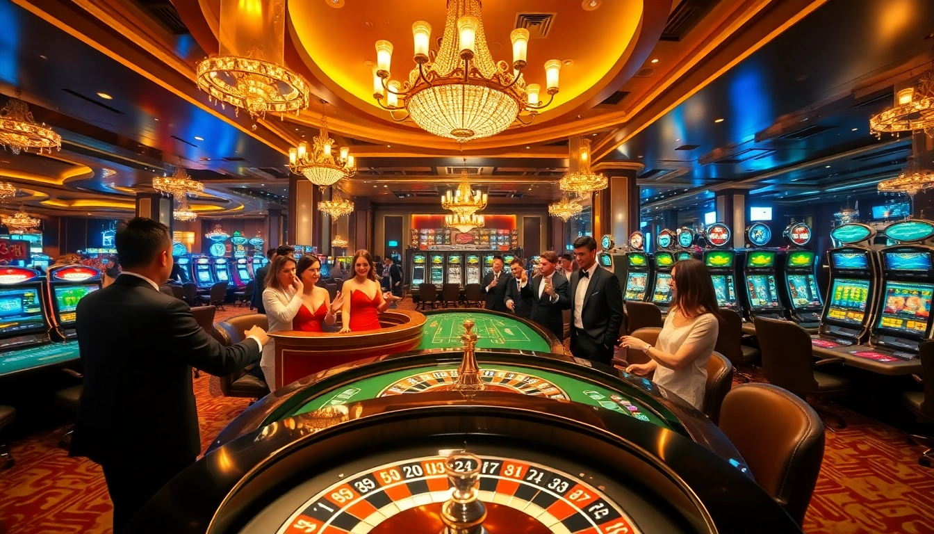 Exciting casino scene with a roulette wheel and poker games, showcasing XX88 gaming experience.
