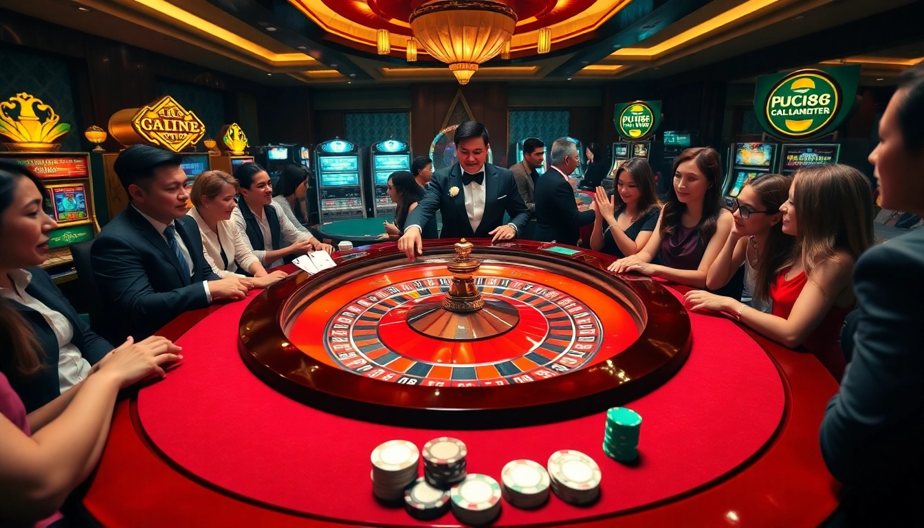 Experience the excitement of FC88 at a luxurious casino setting with roulette and poker.