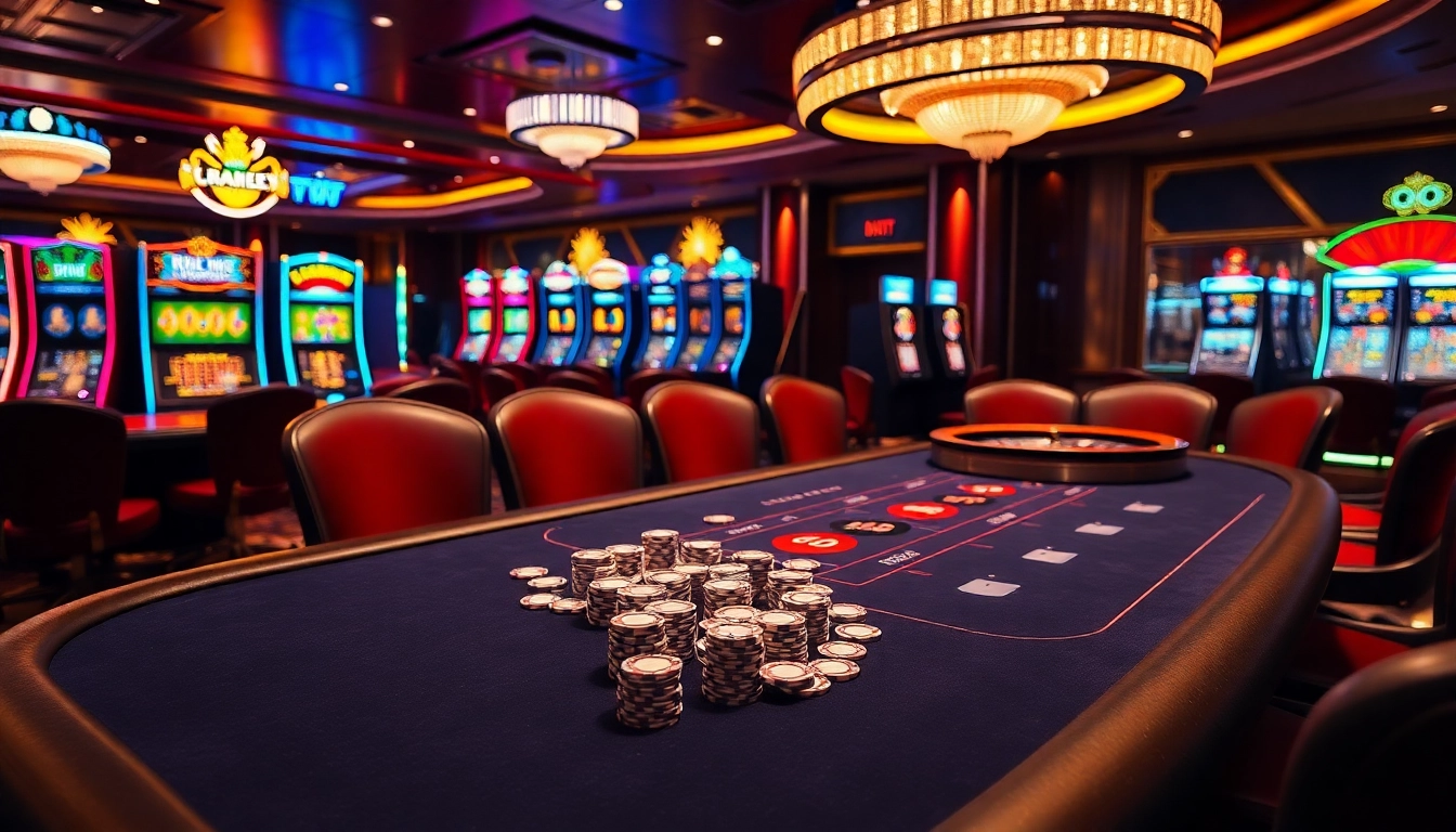 TPJ gambling enthusiasts strategizing at a luxurious poker table in a vibrant casino.