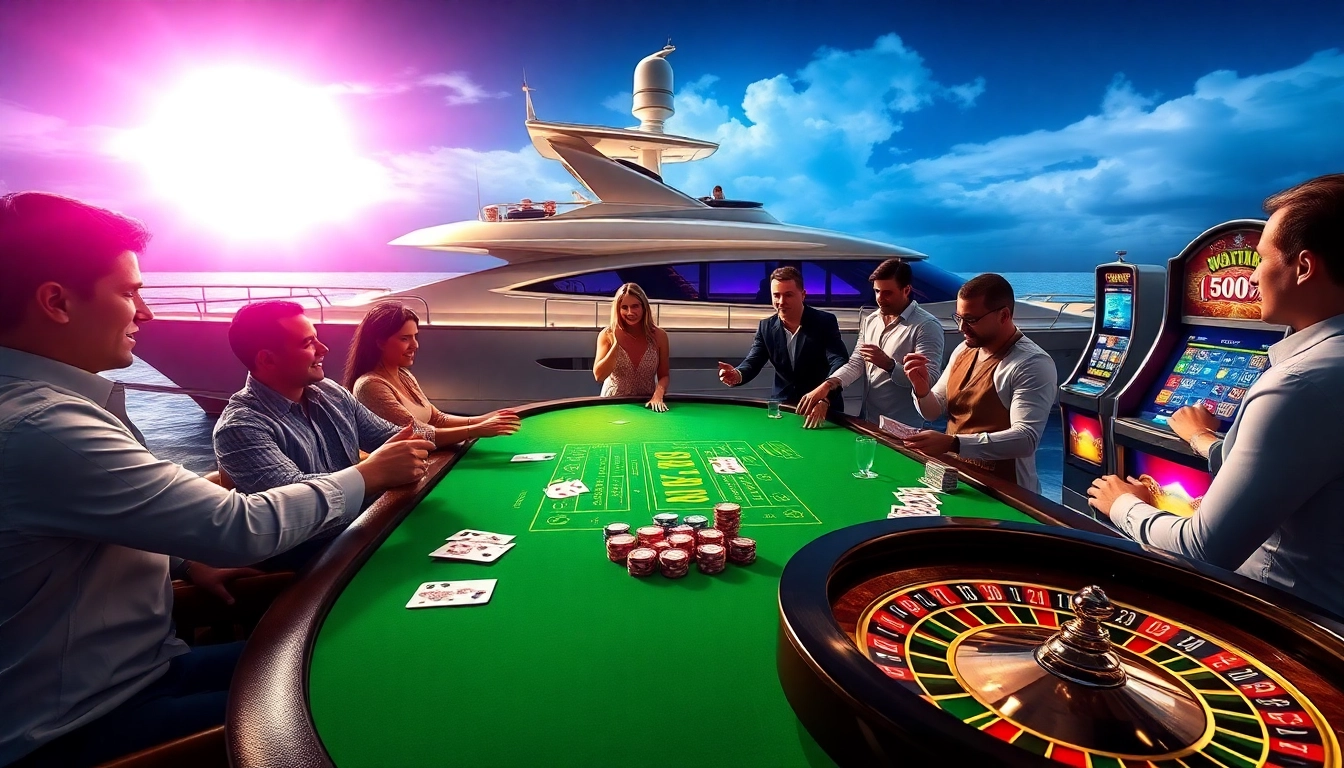 Gamblers strategizing over poker chips next to the luxurious SX88 yacht.