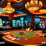 High-stakes poker action at a luxurious casino table featuring vvjl6 com branding amidst vibrant colors.