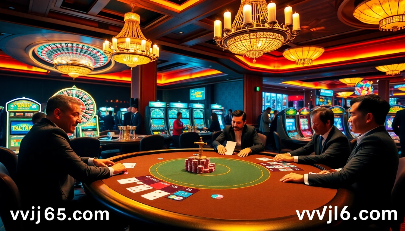High-stakes poker action at a luxurious casino table featuring vvjl6 com branding amidst vibrant colors.