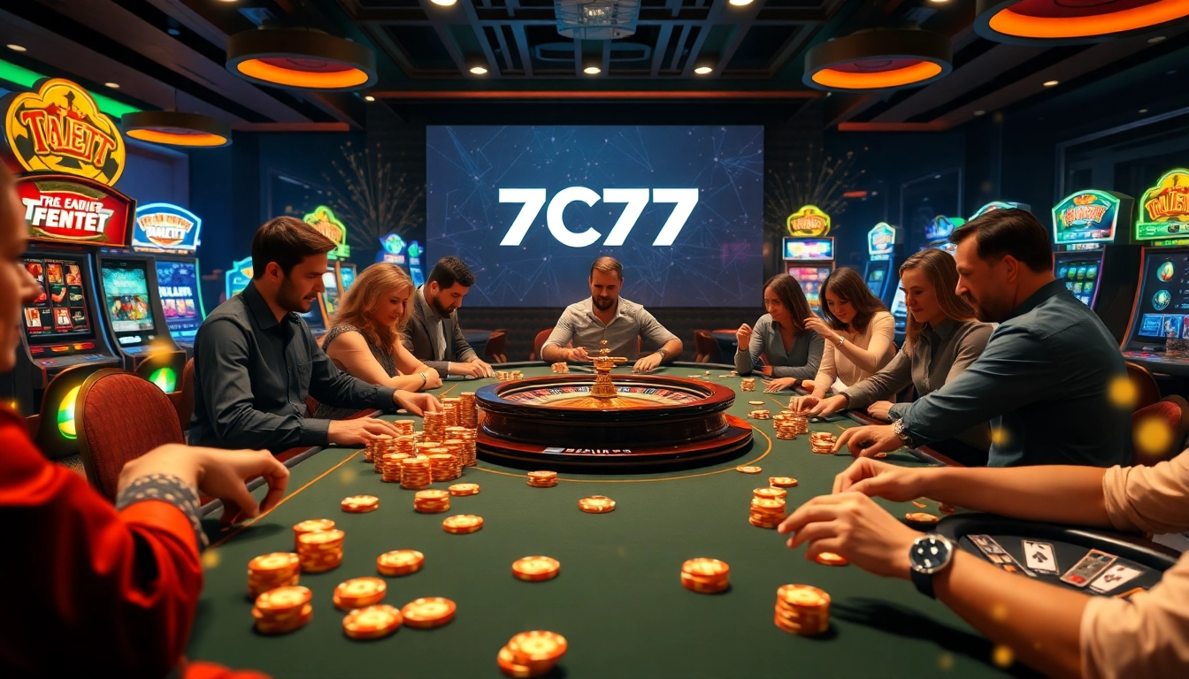 Experience the excitement of 7C77 with players engaging at a luxurious casino table.