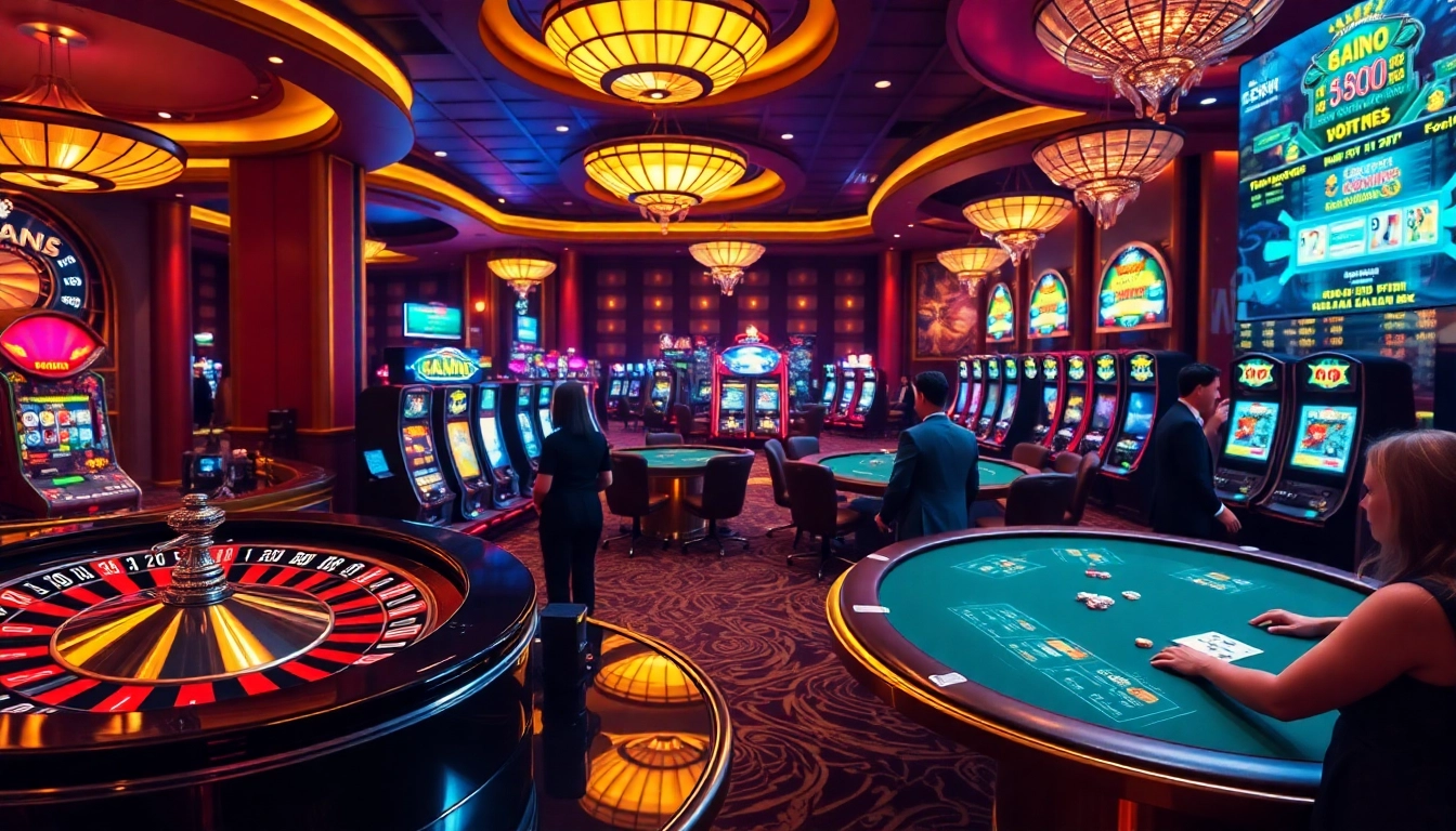 Check out the exciting gaming atmosphere at 88vv.jpn.com with vibrant slot machines and roulette tables.