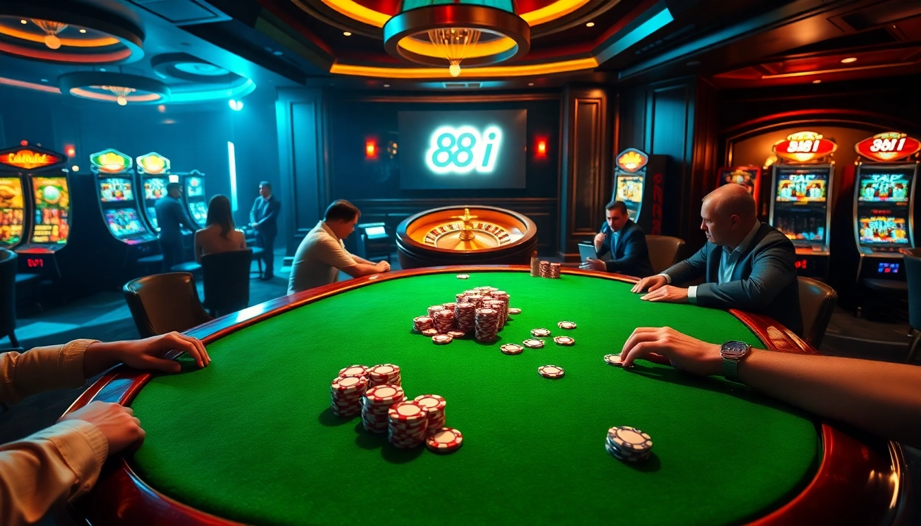 Experience the thrill of winning with 88i at a luxurious poker table in a vibrant casino atmosphere.
