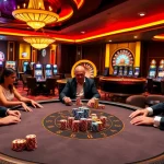 Players at a luxurious poker table engaging in high-stakes action on good88.com, surrounded by slot machines and a roulette wheel.