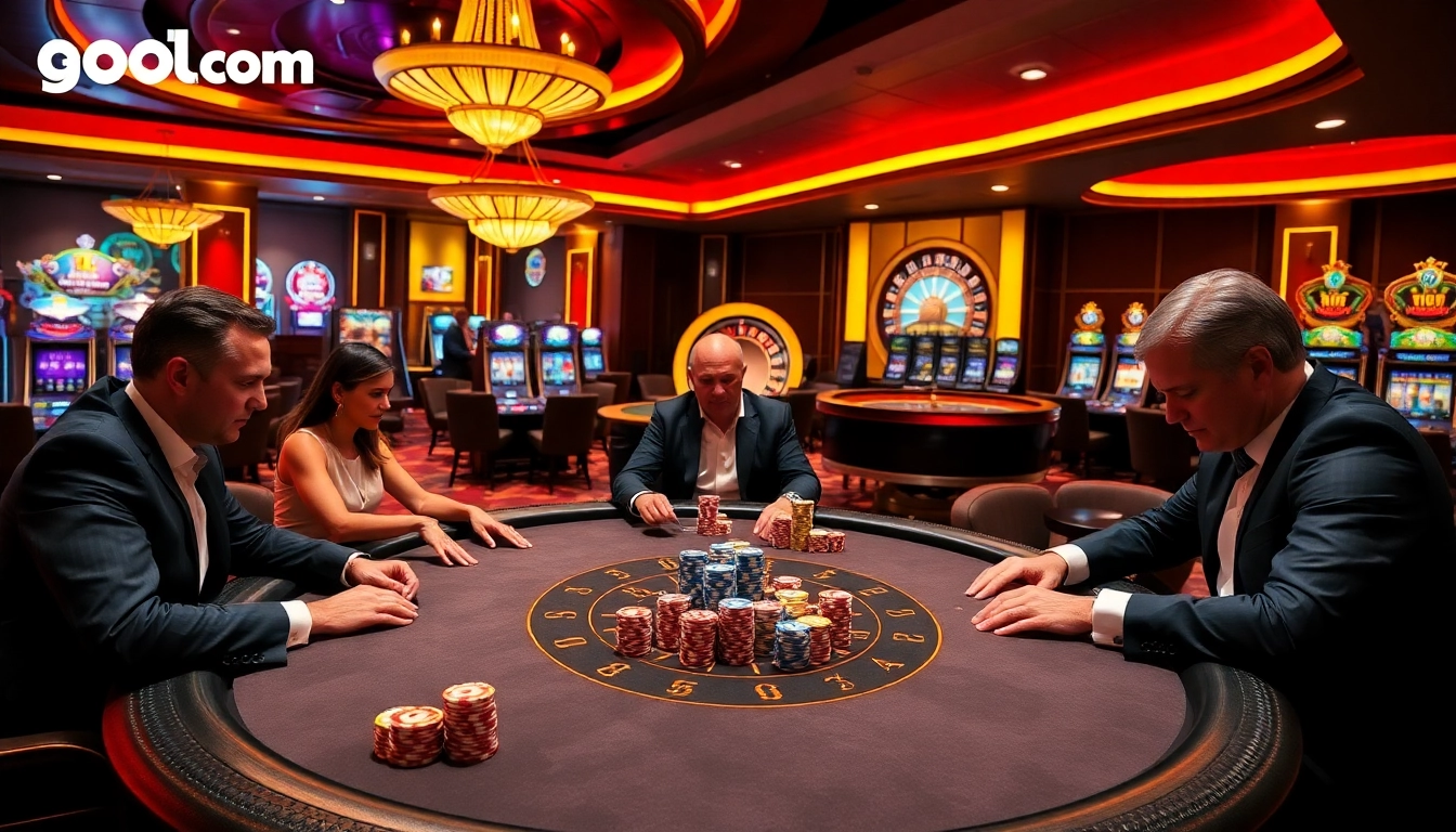 Players at a luxurious poker table engaging in high-stakes action on good88.com, surrounded by slot machines and a roulette wheel.