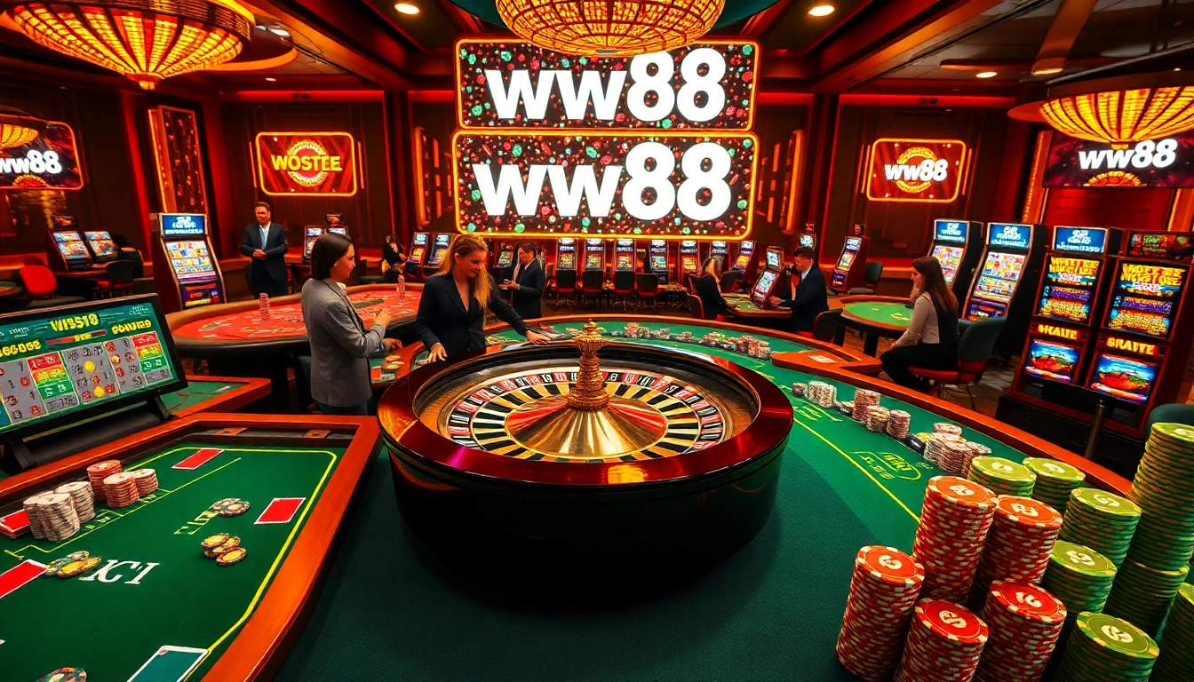 ww88 players engage in a thrilling high-stakes casino atmosphere with colorful gaming tables.