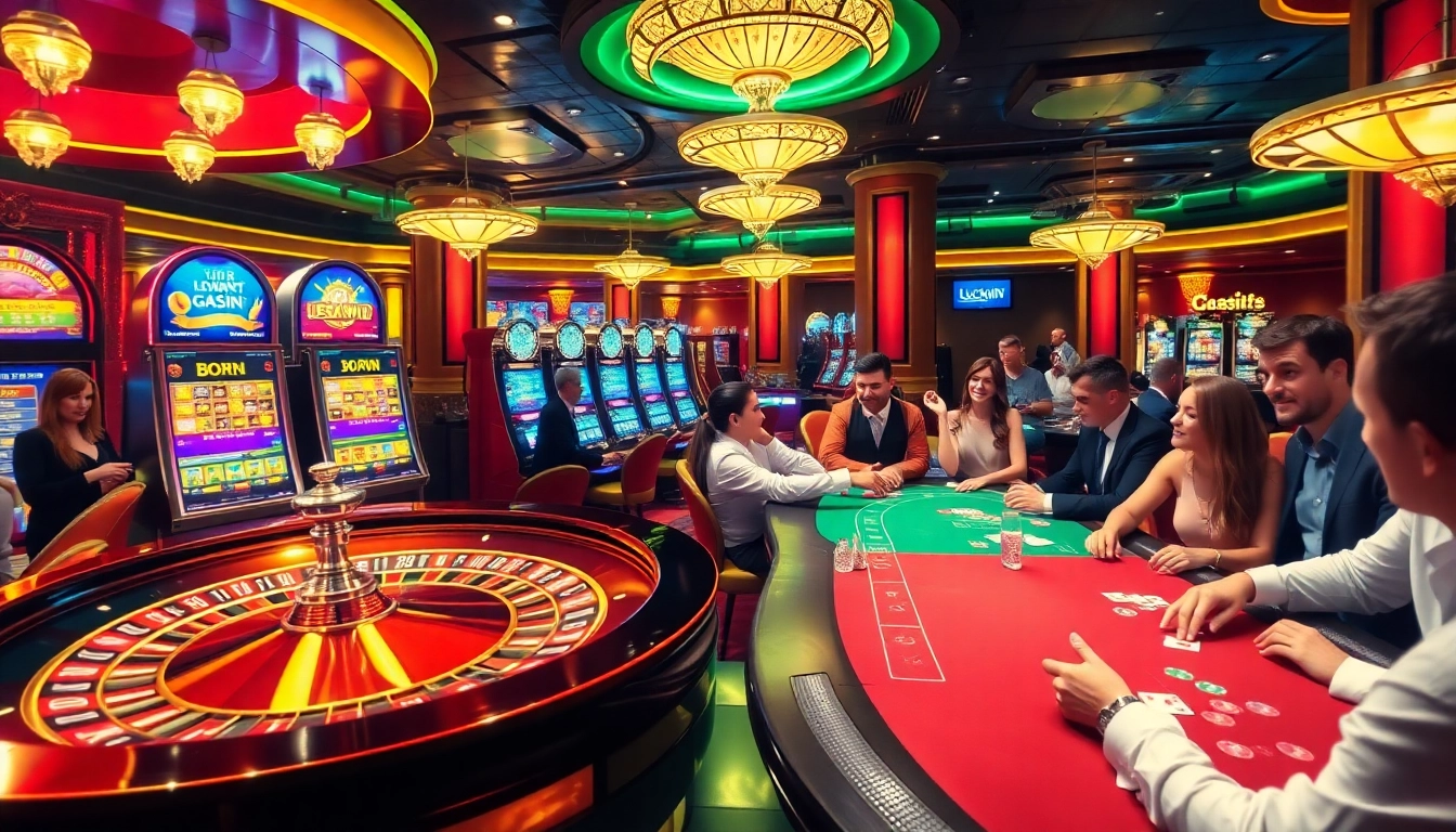 Players enjoying games at Luckywin casino, with vibrant roulette and slot machines.