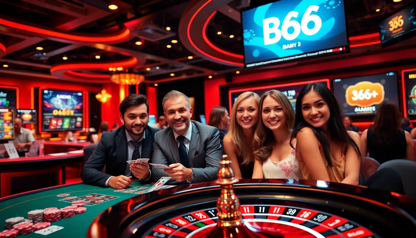 B66 online casino gaming action featuring excited players at classic table games and promotions.
