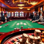 Exciting casino gaming scene featuring LC88 branded poker chips and illuminated slot machines.