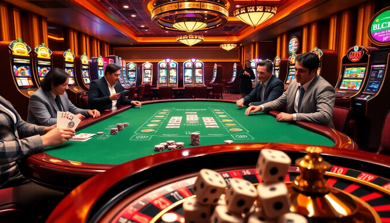 Exciting casino gaming scene featuring LC88 branded poker chips and illuminated slot machines.