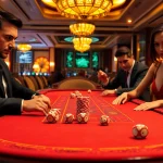 Xóc đĩa table with players placing bets in an elegant casino setting, showcasing excitement and high stakes.