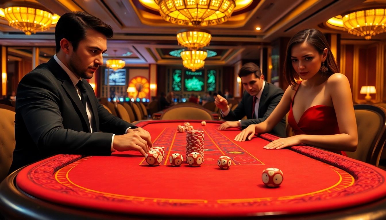Xóc đĩa table with players placing bets in an elegant casino setting, showcasing excitement and high stakes.