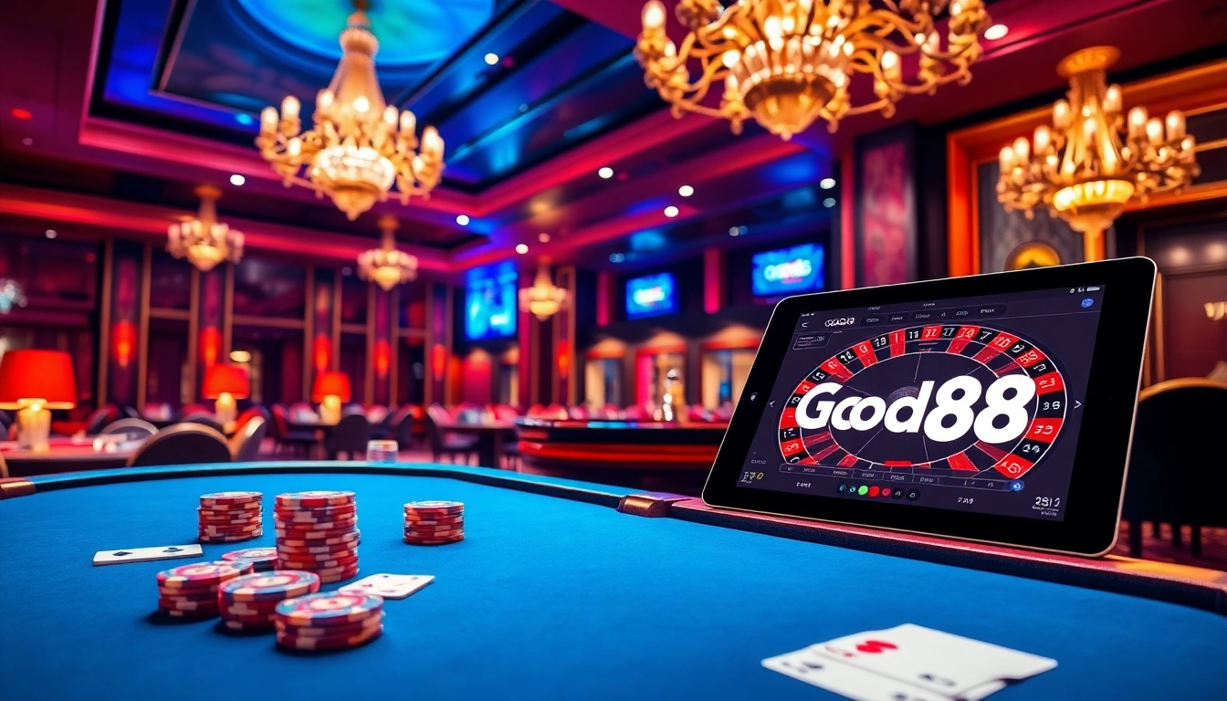 Experience the thrill of Good88 with a vibrant casino scene showcasing poker chips and roulette wheels.