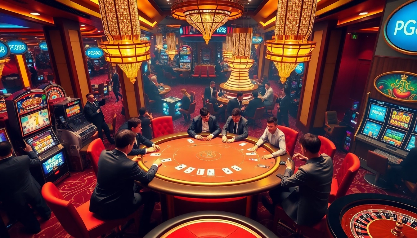 A professional poker table scene at pg88 casino with players and vibrant slot machines in a luxurious setting.