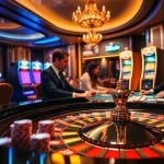 Players strategizing at the 58win casino, surrounded by vibrant slot machines and roulette tables.