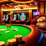 A vibrant casino scene showcasing poker chips and cards at https://f168.blue/ with a roulette wheel and slot machines.