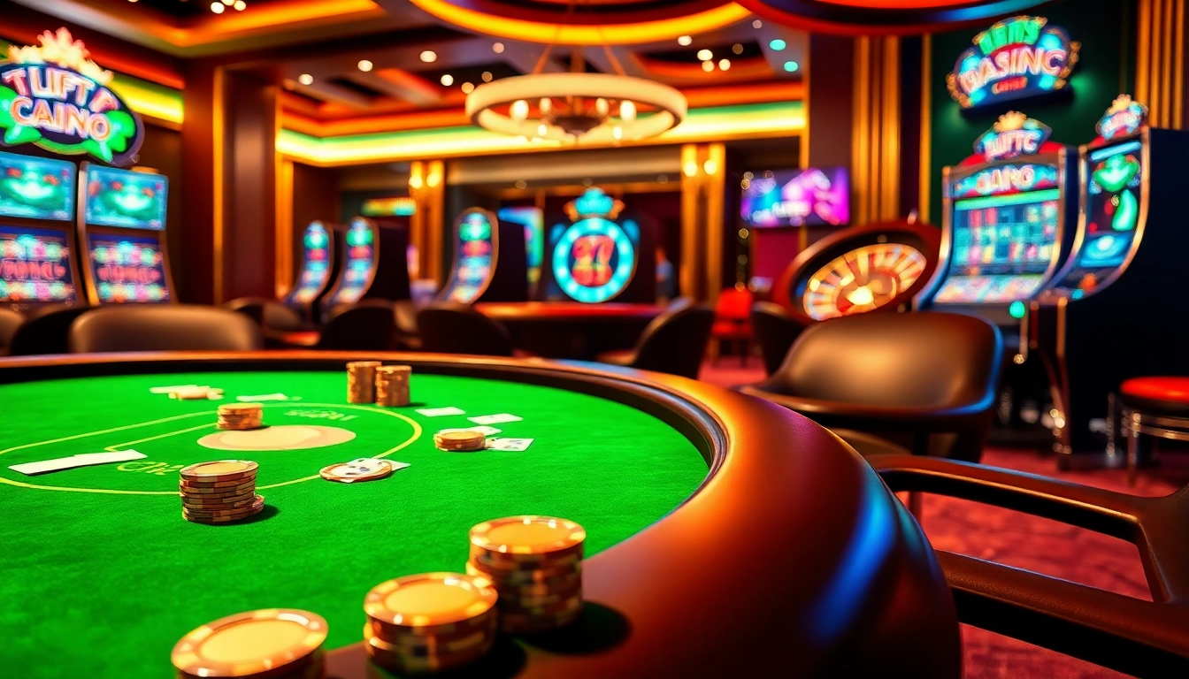 A vibrant casino scene showcasing poker chips and cards at https://f168.blue/ with a roulette wheel and slot machines.