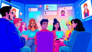 Engaging scene of diverse characters interacting with spicy ai chatbots in a modern digital environment.