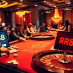 Experience thrilling gambling at RR88 with colorful casino tables and excited players.