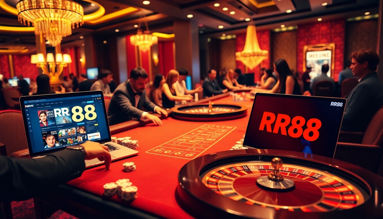 Experience thrilling gambling at RR88 with colorful casino tables and excited players.